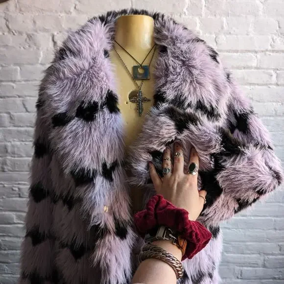70s Style Retro Penny Lane Fringe Fur Trench Pastel Grunge Shaggy Furry Coat - Picture 5 of 6